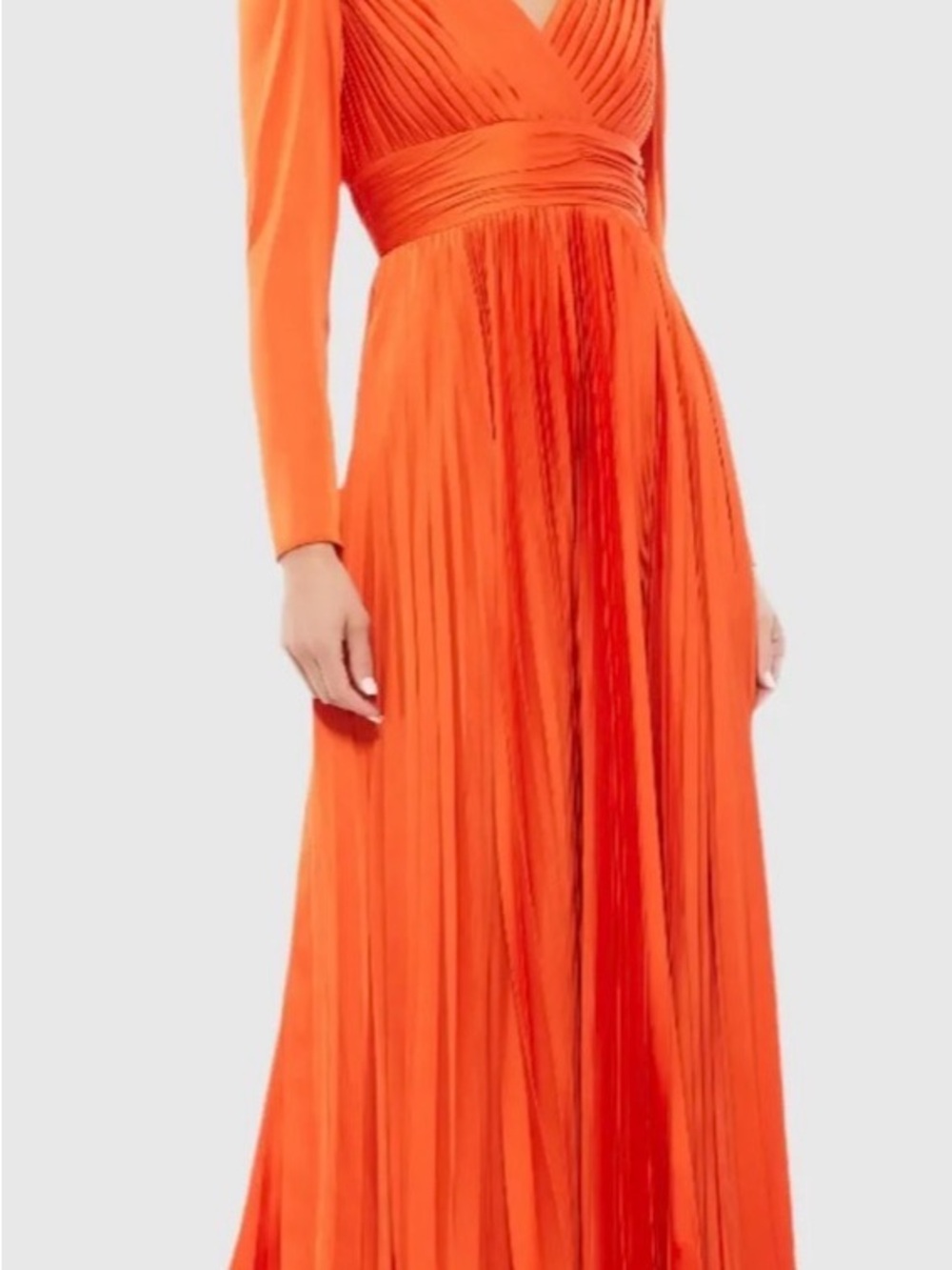 Mac Duggal Vibrant Orange Long-Sleeve Pleated Maxi Dress